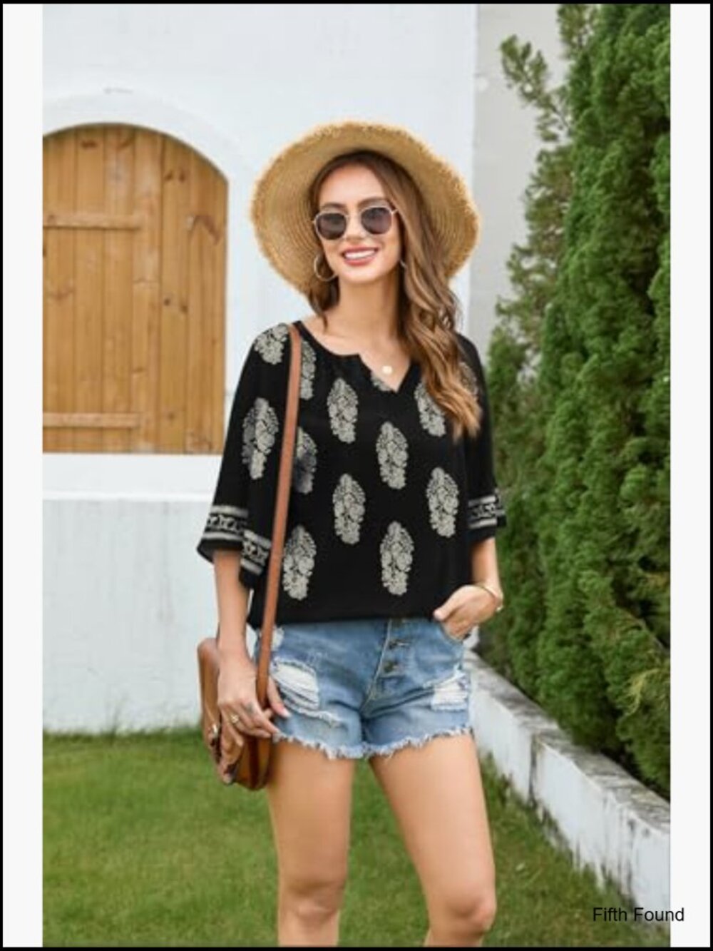 Boho V-Neck 3/4 Sleeve Blouse Tunic Loose Fit Peasant Top - Picture 3 of 7